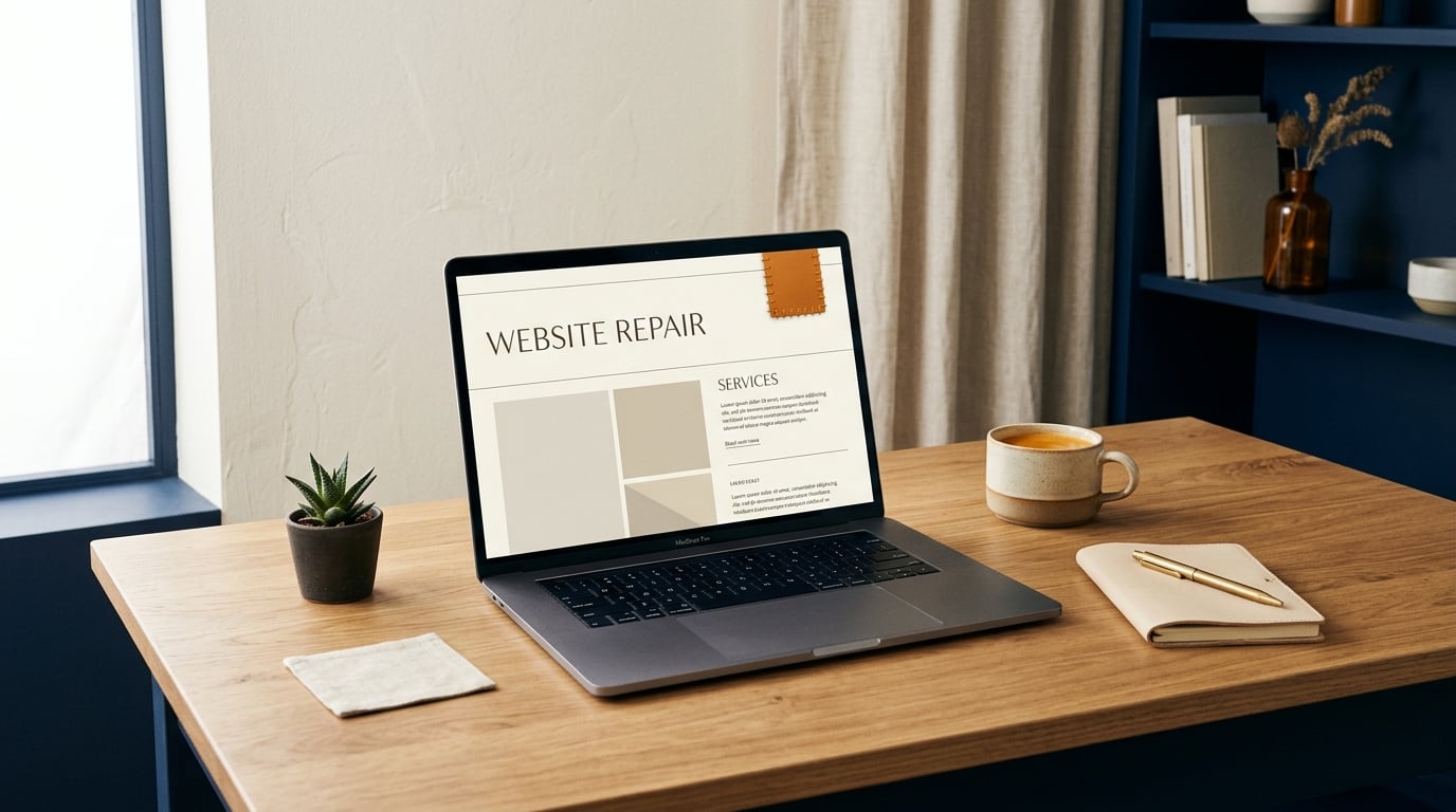 A laptop on a desk, used for a website repair sprint